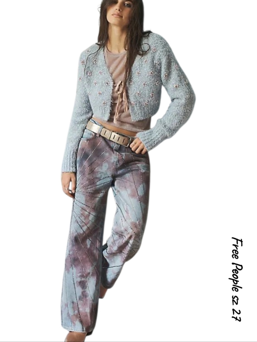 We The Free Mid-Rise Loose Straight Jeans Washed tie-dye Embellished NWT sz 27